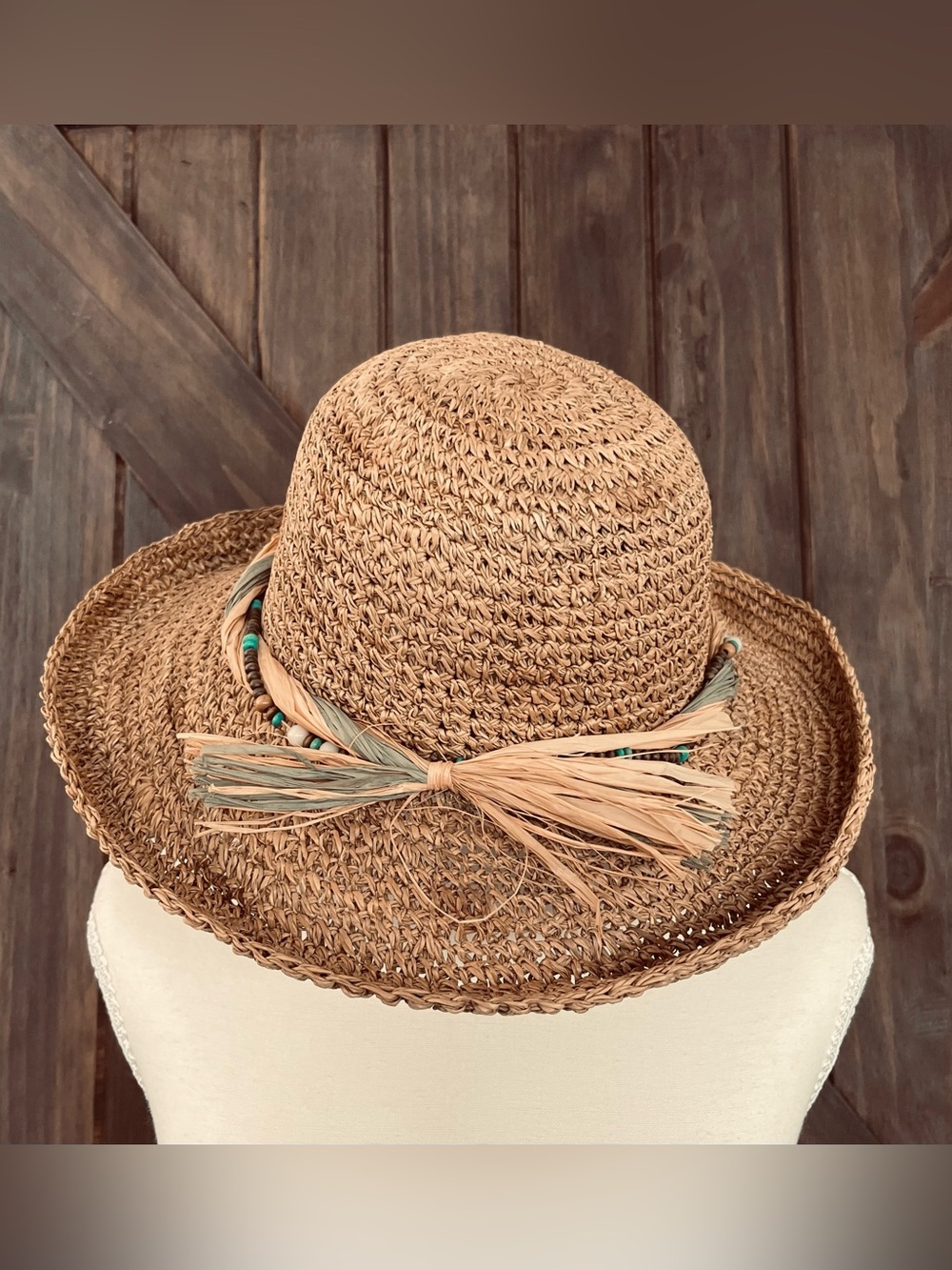 Wide Brim Straw Sun Hat | Boho Beaded Band | Beach Vacation Resort Wear - Picture 1 of 4